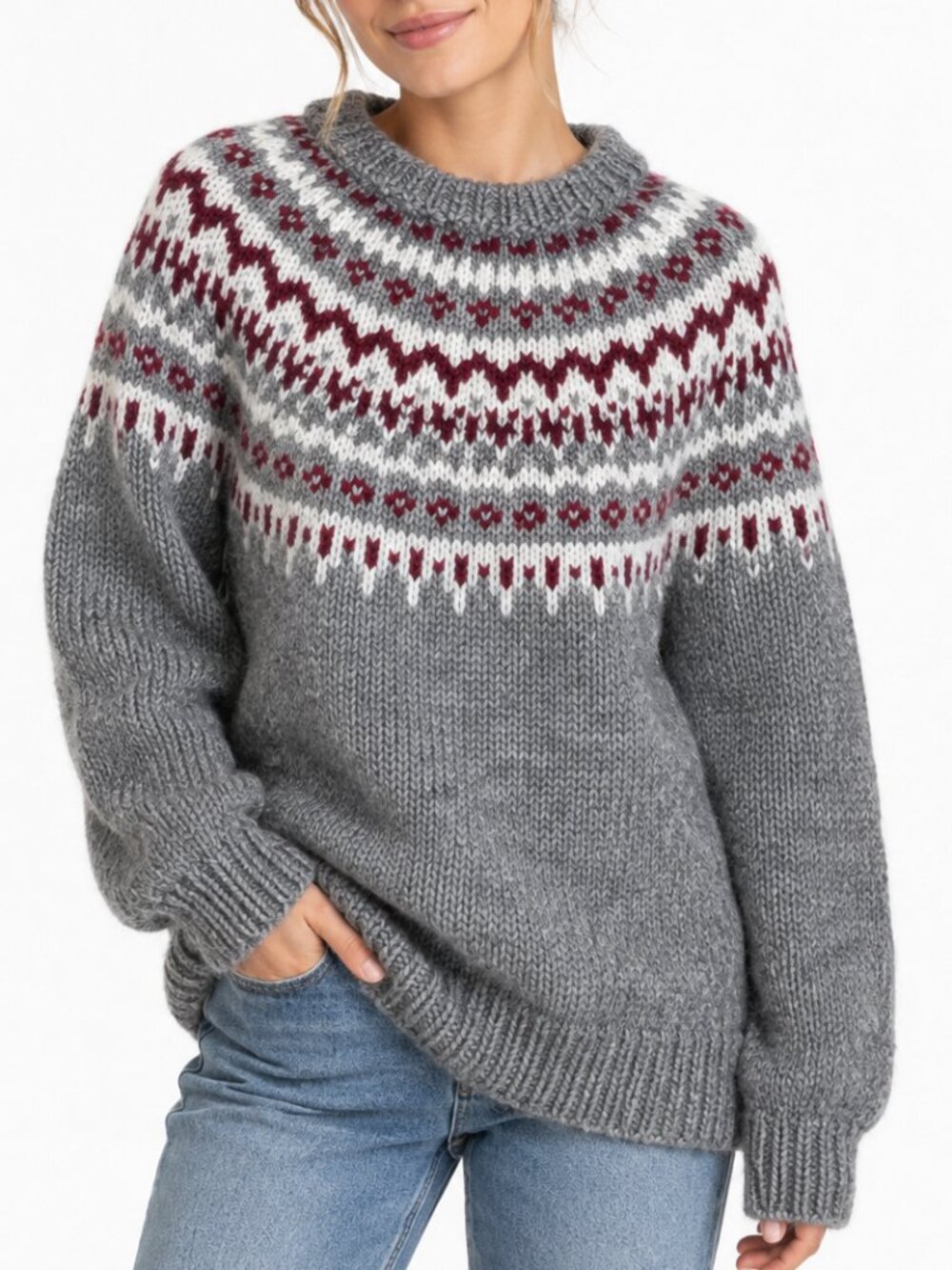 Fair Isle Nordic Sweater Women’s S Grey Burgundy White Chunky Knit Circular Yoke